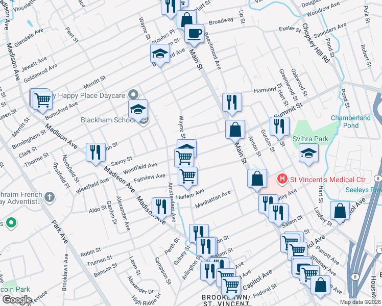 map of restaurants, bars, coffee shops, grocery stores, and more near 448 Wayne Street in Bridgeport