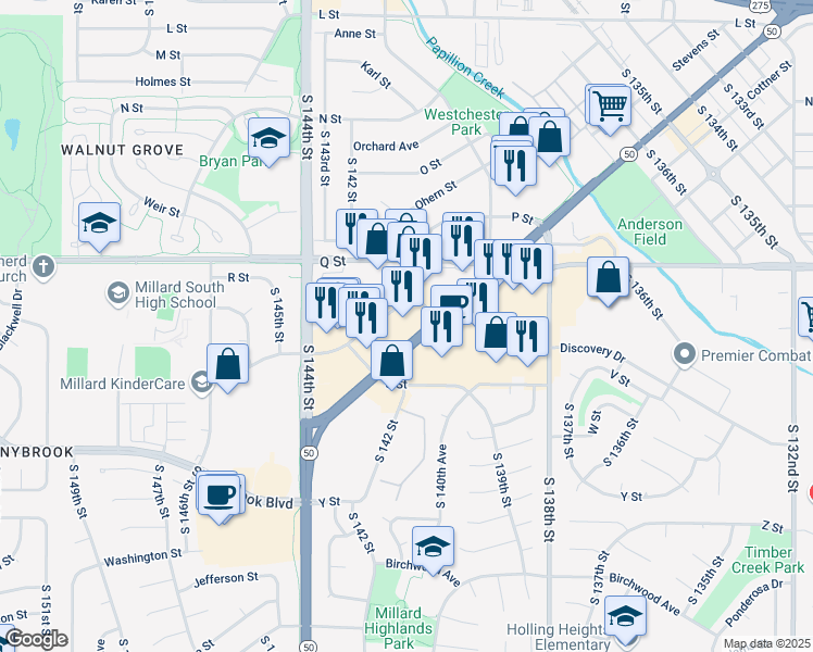 map of restaurants, bars, coffee shops, grocery stores, and more near 14145 S Street in Omaha