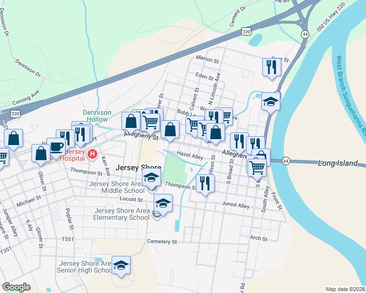map of restaurants, bars, coffee shops, grocery stores, and more near 425 Allegheny Street in Jersey Shore