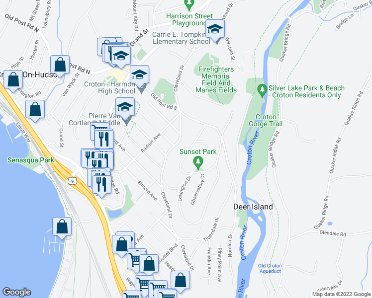 map of restaurants, bars, coffee shops, grocery stores, and more near 47 Sunset Drive in Croton-on-Hudson