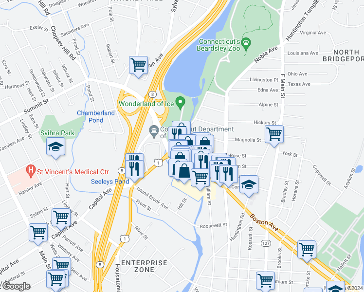 map of restaurants, bars, coffee shops, grocery stores, and more near 46 Glenwood Avenue in Bridgeport