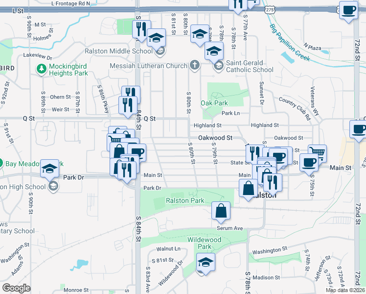 map of restaurants, bars, coffee shops, grocery stores, and more near 8008 Maywood St in Ralston