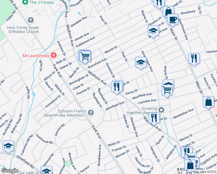 map of restaurants, bars, coffee shops, grocery stores, and more near 1939 Madison Avenue in Bridgeport