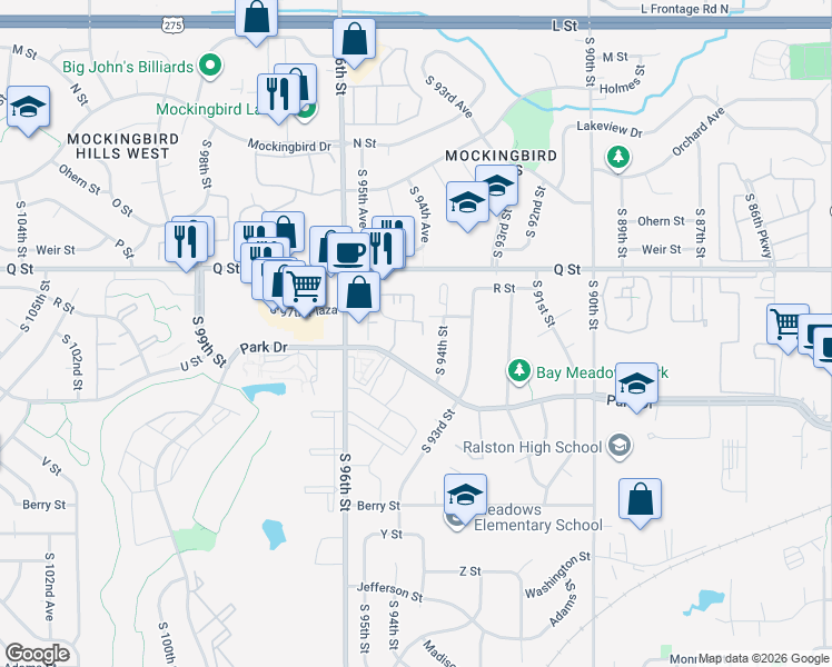 map of restaurants, bars, coffee shops, grocery stores, and more near 9503 South Plaza in Omaha