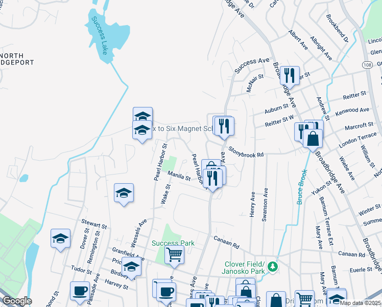 map of restaurants, bars, coffee shops, grocery stores, and more near 836 Pearl Harbor Street in Bridgeport