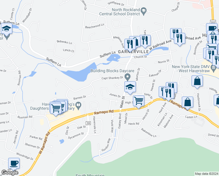 map of restaurants, bars, coffee shops, grocery stores, and more near 24 Jones Drive in West Haverstraw