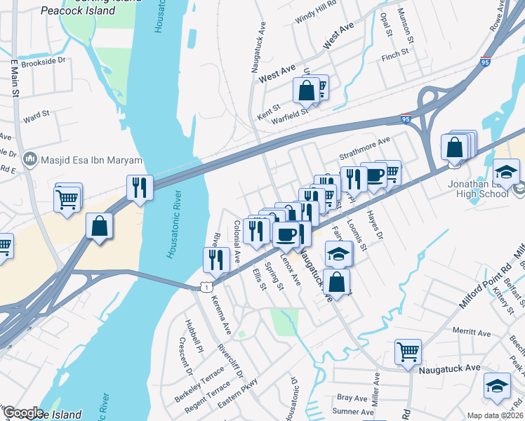map of restaurants, bars, coffee shops, grocery stores, and more near 52 Daytona Avenue in Milford
