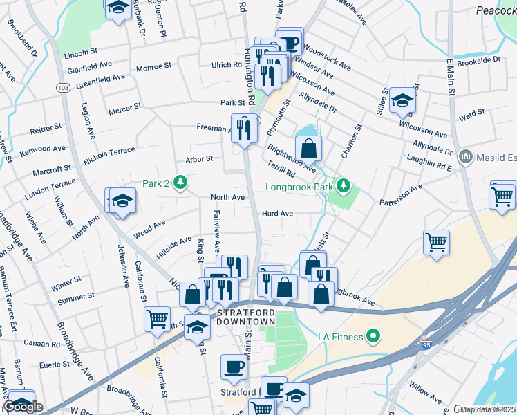 map of restaurants, bars, coffee shops, grocery stores, and more near 3158 Main Street in Stratford
