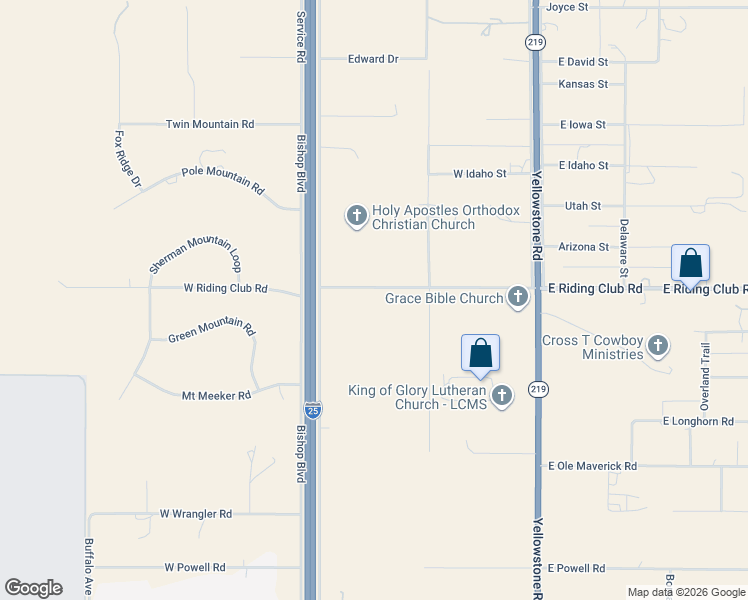 map of restaurants, bars, coffee shops, grocery stores, and more near 617 West Riding Club Road in Cheyenne