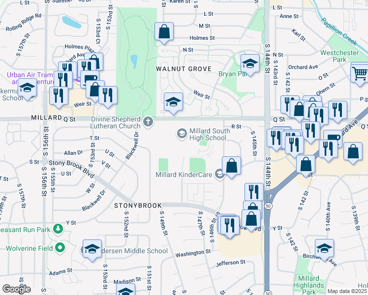 map of restaurants, bars, coffee shops, grocery stores, and more near 14905 Q Street in Omaha