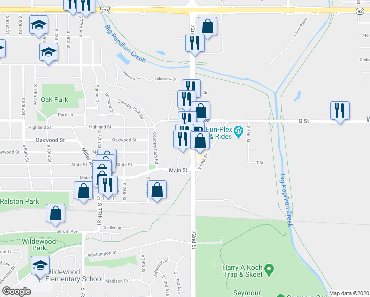 map of restaurants, bars, coffee shops, grocery stores, and more near 5302 South 72nd Street in Ralston