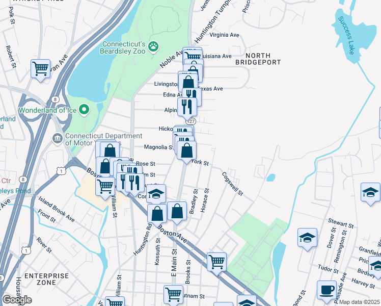 map of restaurants, bars, coffee shops, grocery stores, and more near 2110 East Main Street in Bridgeport