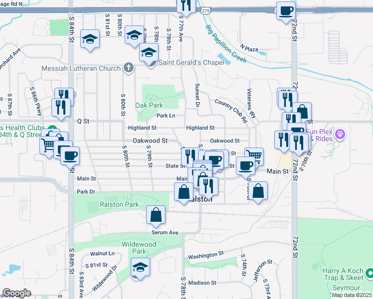 map of restaurants, bars, coffee shops, grocery stores, and more near 7722 Maywood St in Ralston