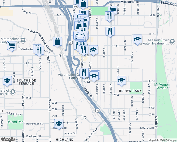 map of restaurants, bars, coffee shops, grocery stores, and more near 5406 South 23rd Street in Omaha