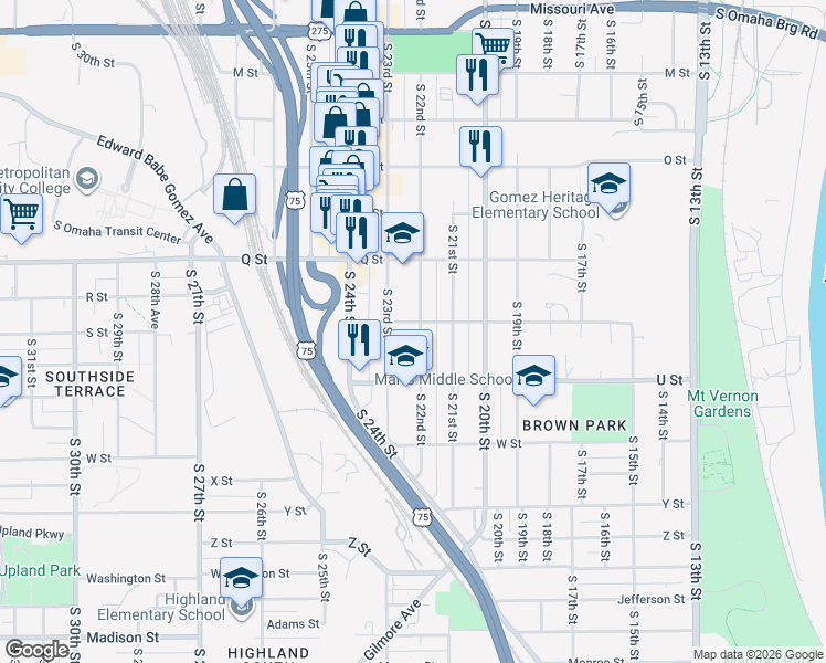 map of restaurants, bars, coffee shops, grocery stores, and more near 5408 South 22nd Street in Omaha