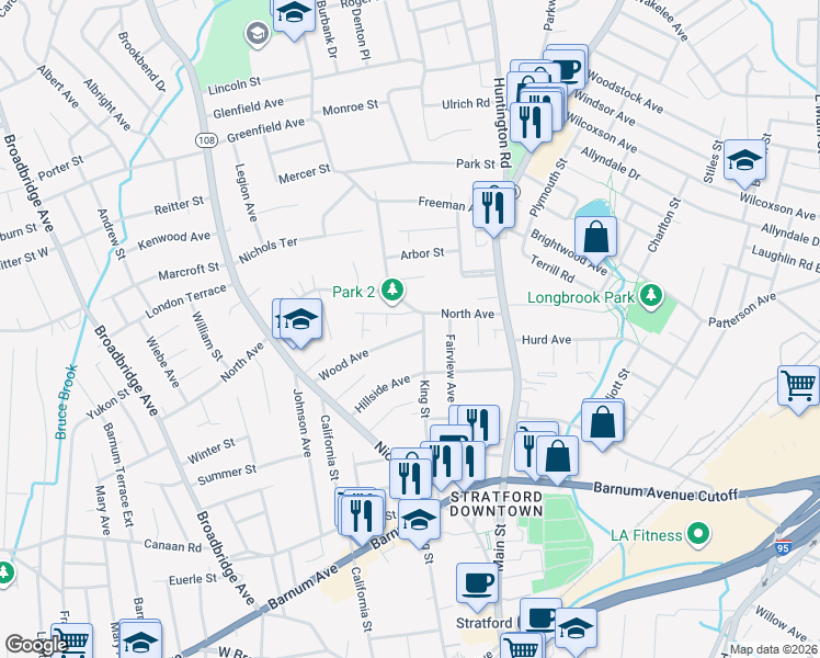 map of restaurants, bars, coffee shops, grocery stores, and more near 28 Wood Avenue in Stratford