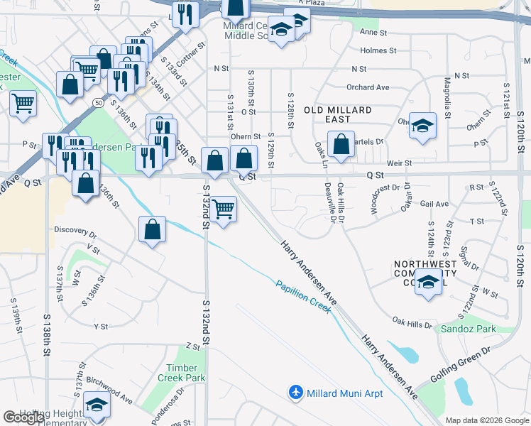 map of restaurants, bars, coffee shops, grocery stores, and more near 12835 Deauville Drive in Omaha