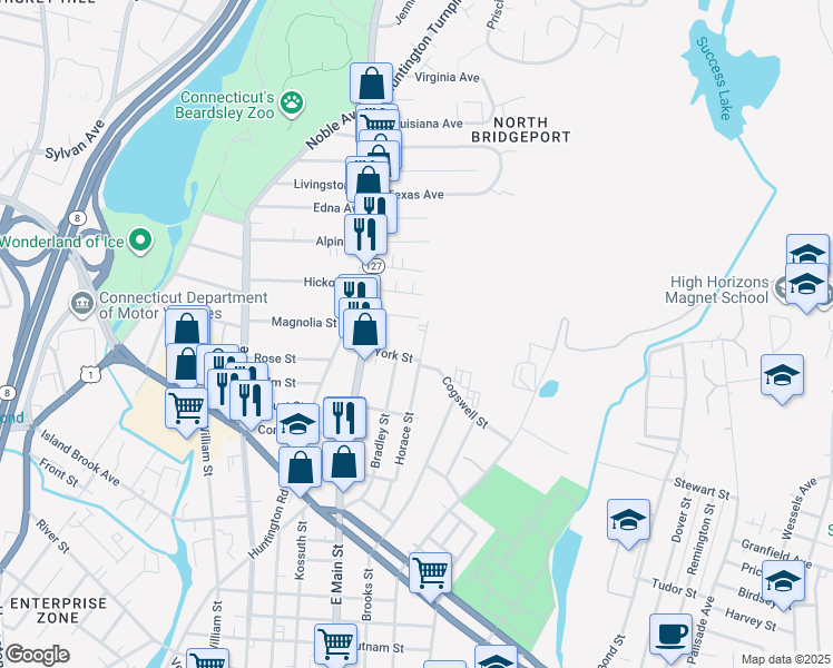 map of restaurants, bars, coffee shops, grocery stores, and more near 381 Horace Street in Bridgeport