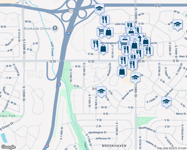 map of restaurants, bars, coffee shops, grocery stores, and more near 5330 South 112th Plaza in Omaha