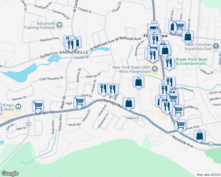 map of restaurants, bars, coffee shops, grocery stores, and more near 32 Ossman Court in West Haverstraw