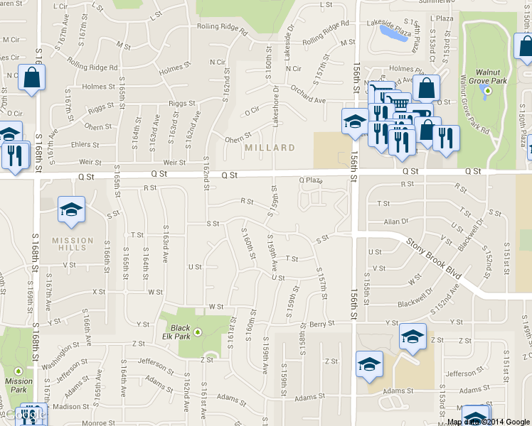 map of restaurants, bars, coffee shops, grocery stores, and more near 15953 R St in Omaha