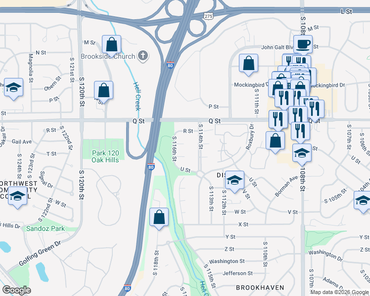 map of restaurants, bars, coffee shops, grocery stores, and more near 11413 S Circle in Omaha