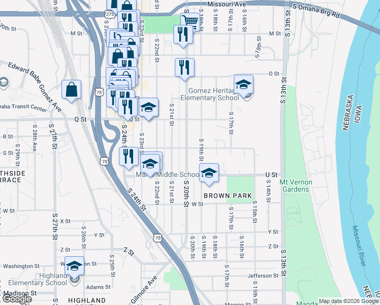 map of restaurants, bars, coffee shops, grocery stores, and more near 5405 South 20th Street in Omaha