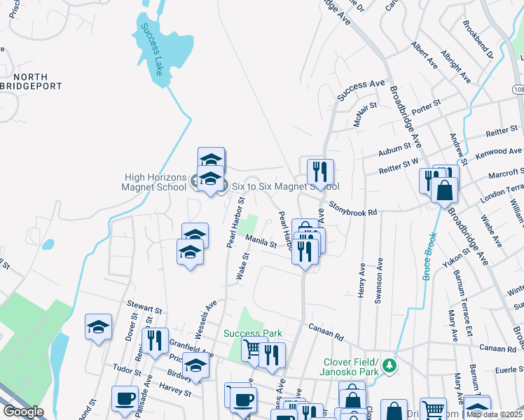 map of restaurants, bars, coffee shops, grocery stores, and more near 79 Pearl Harbor Place in Bridgeport