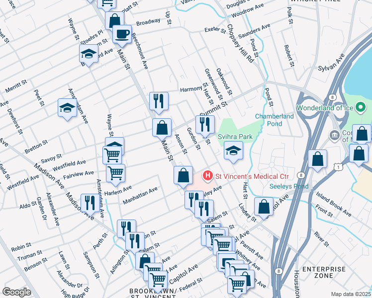 map of restaurants, bars, coffee shops, grocery stores, and more near 176 Fairview Avenue in Bridgeport