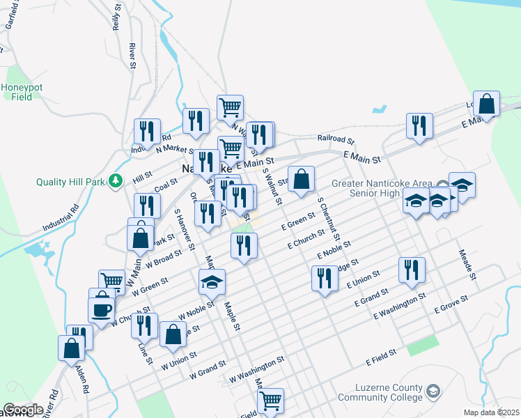 map of restaurants, bars, coffee shops, grocery stores, and more near 146 East Broad Street in Nanticoke