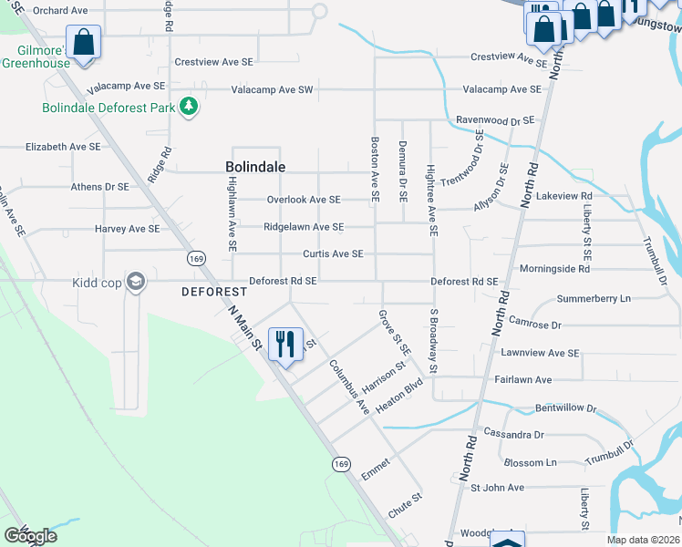 map of restaurants, bars, coffee shops, grocery stores, and more near 1285 Deforest Road Southeast in Warren