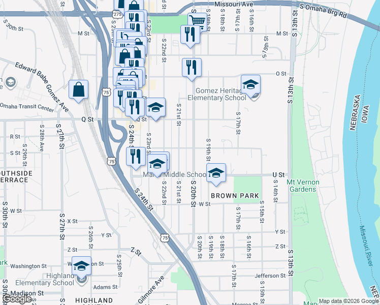 map of restaurants, bars, coffee shops, grocery stores, and more near 5405 South 20th Street in Omaha