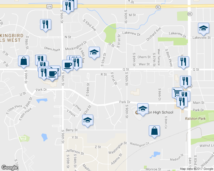 map of restaurants, bars, coffee shops, grocery stores, and more near 5405 Bay Meadows Road in Omaha