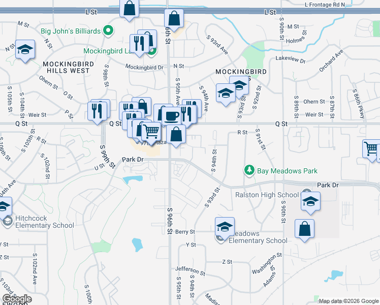 map of restaurants, bars, coffee shops, grocery stores, and more near 9510 Park Drive in Omaha