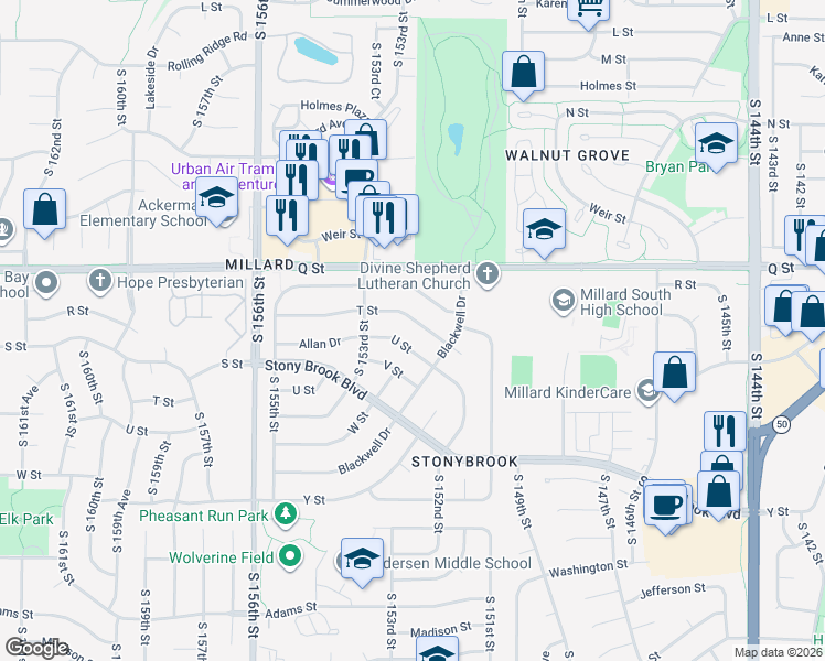 map of restaurants, bars, coffee shops, grocery stores, and more near 15171 T Street in Omaha