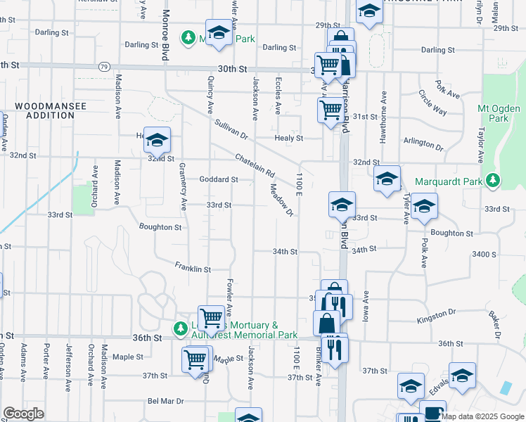 map of restaurants, bars, coffee shops, grocery stores, and more near 1015 33rd Street in Ogden