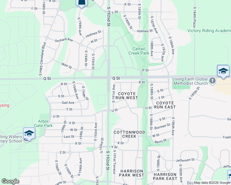 map of restaurants, bars, coffee shops, grocery stores, and more near 5333 South 191st Avenue in Omaha