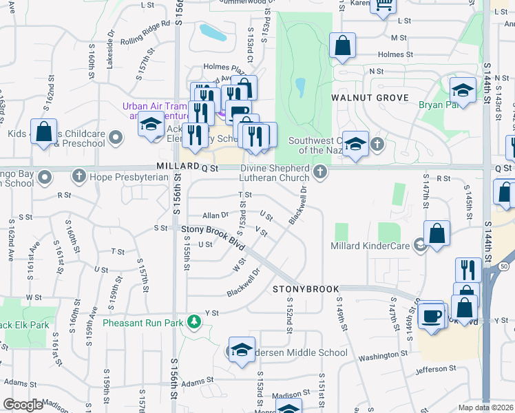 map of restaurants, bars, coffee shops, grocery stores, and more near 15286 U Street in Omaha