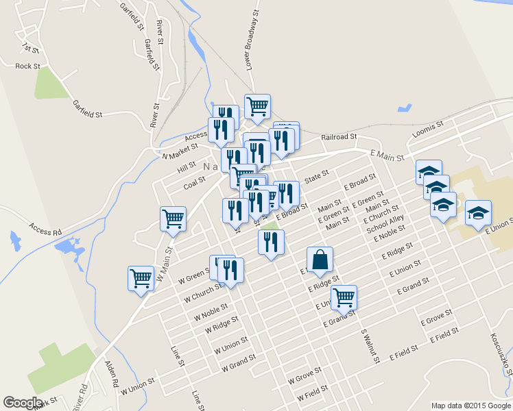 map of restaurants, bars, coffee shops, grocery stores, and more near 145 South Market Street in Nanticoke