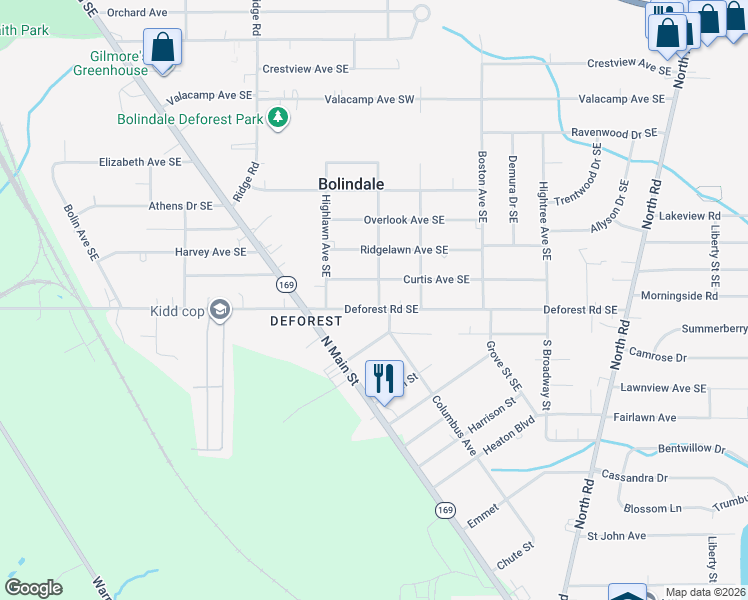 map of restaurants, bars, coffee shops, grocery stores, and more near 3946 Flory Avenue Southeast in Warren