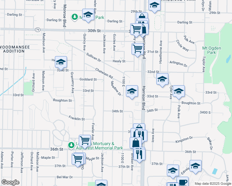 map of restaurants, bars, coffee shops, grocery stores, and more near 3301 Meadow Drive in Ogden