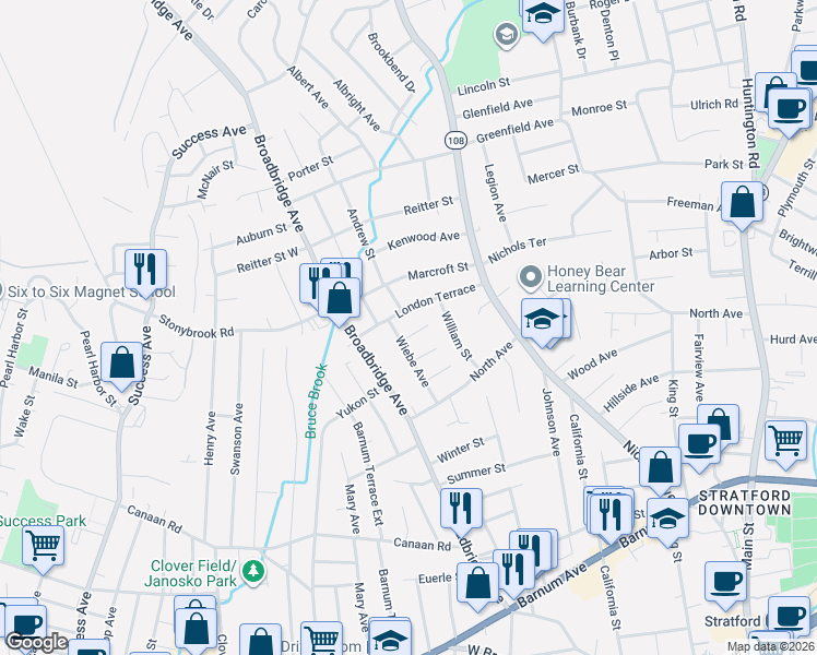 map of restaurants, bars, coffee shops, grocery stores, and more near 45 Wayne Street in Stratford
