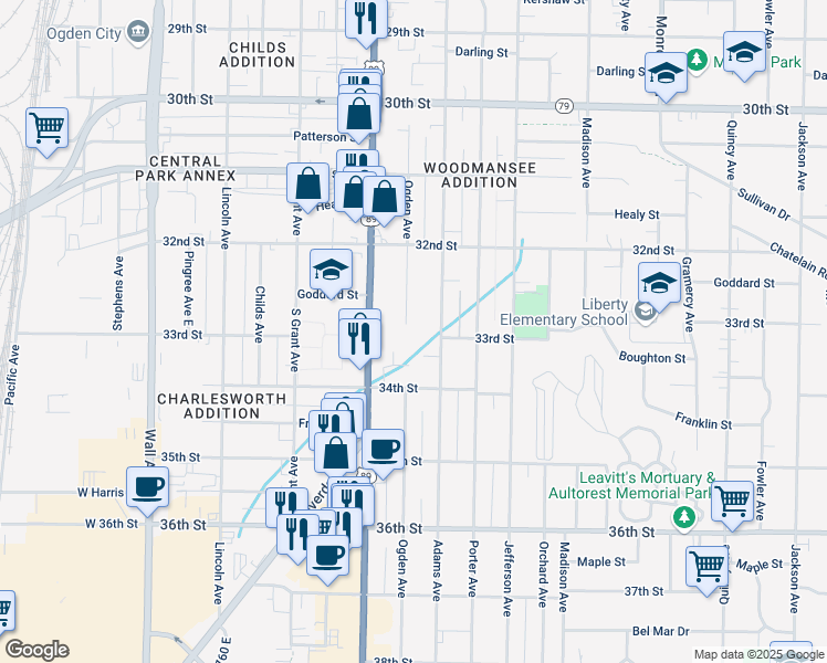 map of restaurants, bars, coffee shops, grocery stores, and more near 3300 Ogden Avenue in Ogden