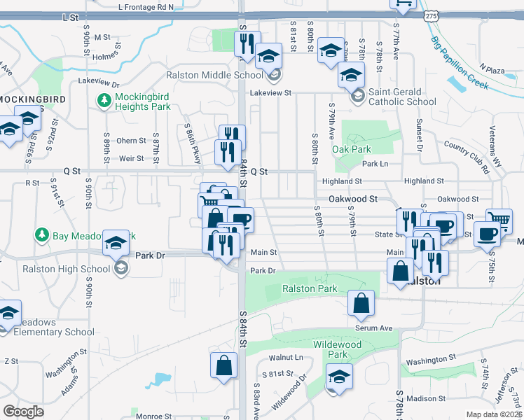 map of restaurants, bars, coffee shops, grocery stores, and more near 5308 Woodlawn Avenue in Ralston