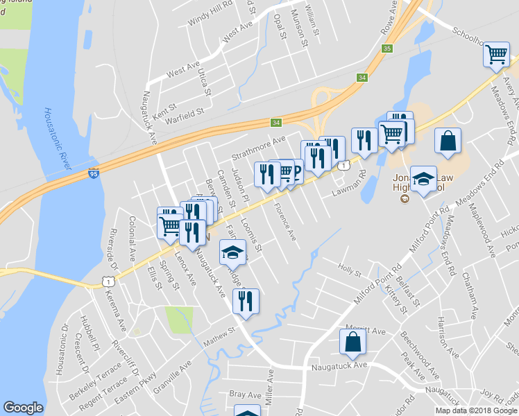 map of restaurants, bars, coffee shops, grocery stores, and more near 321 U.S. 1 in Milford