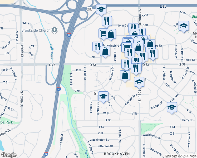map of restaurants, bars, coffee shops, grocery stores, and more near 5330 South 112th Plaza in Omaha
