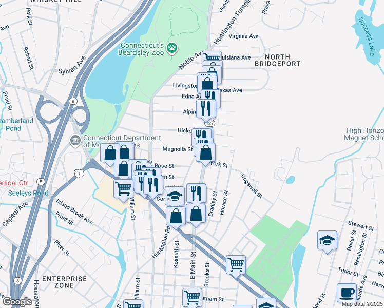 map of restaurants, bars, coffee shops, grocery stores, and more near 767 Huntington Road in Bridgeport