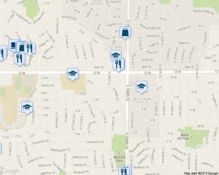 map of restaurants, bars, coffee shops, grocery stores, and more near 5404 South 169th Street in Omaha