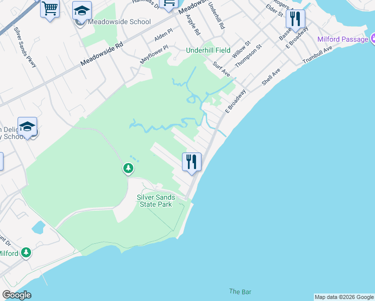 map of restaurants, bars, coffee shops, grocery stores, and more near 33 Chetwood Street in Milford
