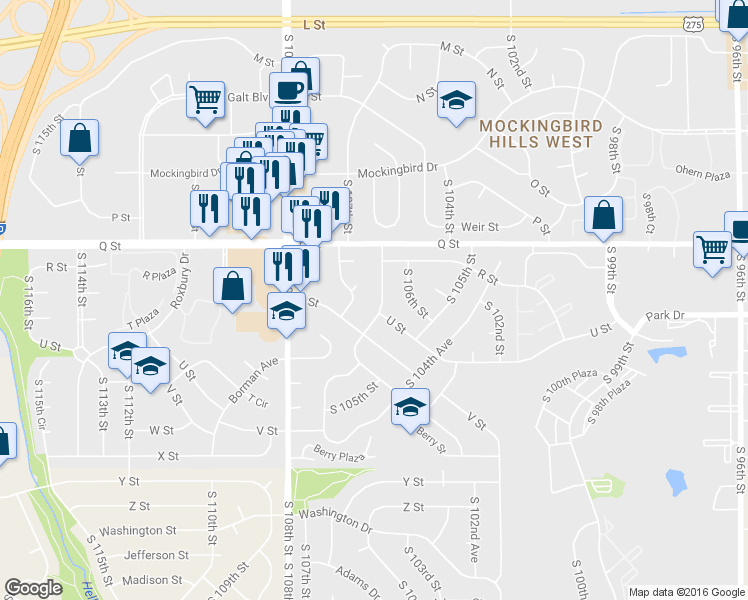 map of restaurants, bars, coffee shops, grocery stores, and more near 5412 South 107th Street in Omaha